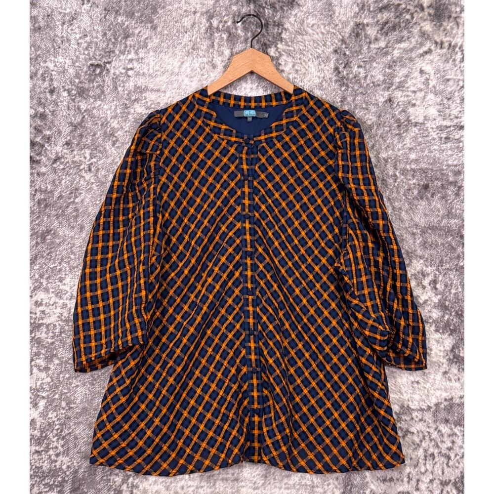 Eva Franco Navy and Orange Plaid Collarless Tunic Blouse- size 22w
